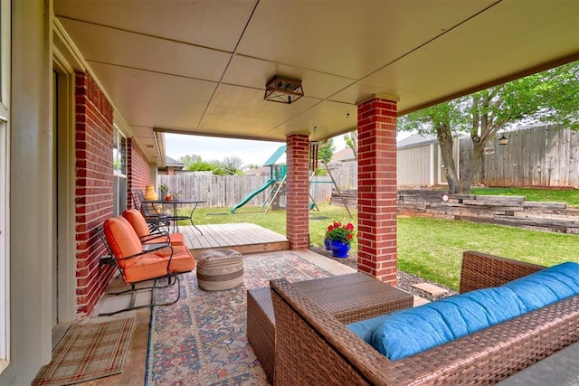 12308 Hickory Creek Blvd, Oklahoma City, OK 73170 - view of patio featuring outdoor lounge area, a playground, and a deck