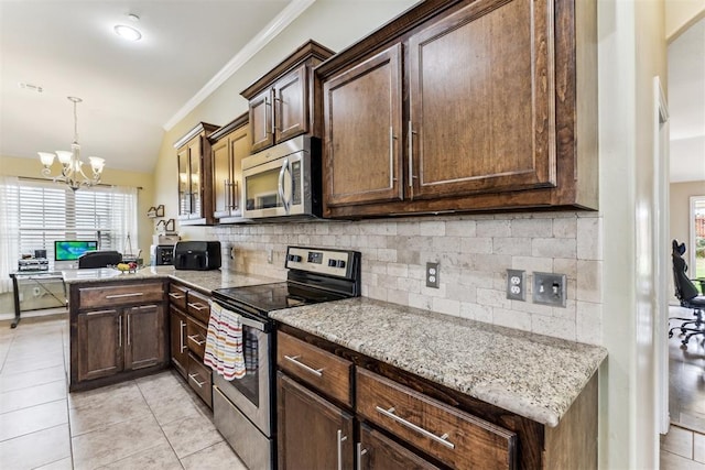 12116 NW 137th St, Piedmont, OK 73078 - kitchen featuring appliances with stainless steel finishes, backsplash, a chandelier, light tile patterned floors, and ornamental molding