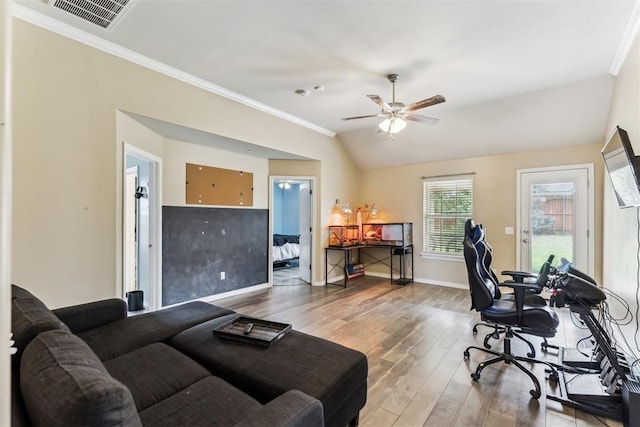 12116 NW 137th St, Piedmont, OK 73078 - office area featuring wood finished floors, baseboards, ceiling fan, crown molding, and lofted ceiling