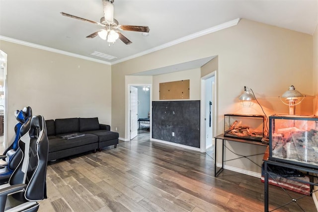 12116 NW 137th St, Piedmont, OK 73078 - office area with a ceiling fan, wood finished floors, baseboards, and ornamental molding