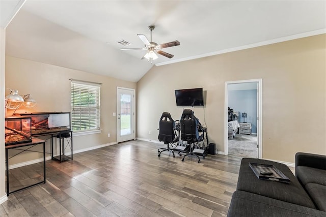 12116 NW 137th St, Piedmont, OK 73078 - office area with ceiling fan, wood finished floors, baseboards, vaulted ceiling, and ornamental molding