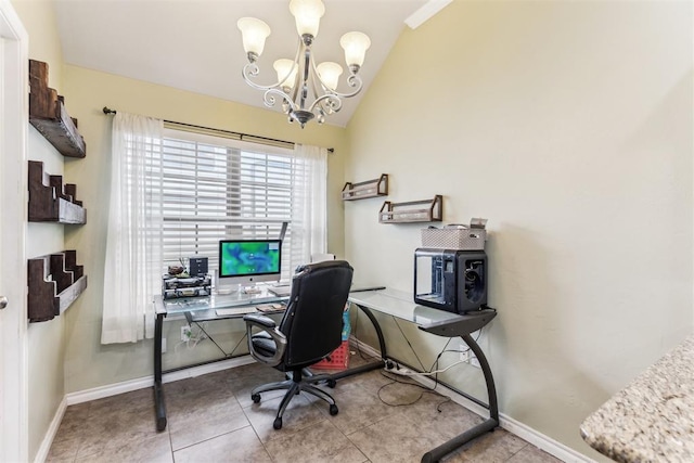 12116 NW 137th St, Piedmont, OK 73078 - tiled home office featuring a chandelier, lofted ceiling, and baseboards