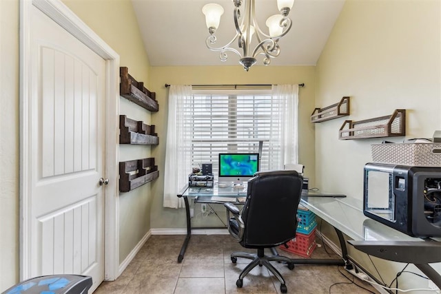 12116 NW 137th St, Piedmont, OK 73078 - office space featuring a chandelier, vaulted ceiling, baseboards, and light tile patterned floors