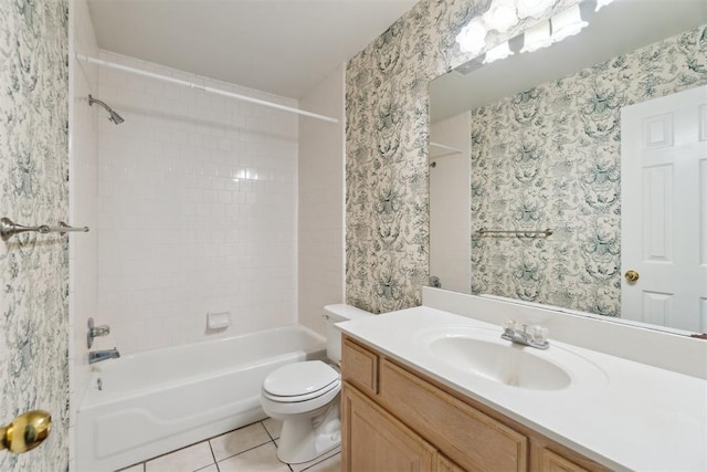 2013 Cedar Meadow Ln, Edmond, OK 73003 - bathroom featuring vanity, bathtub / shower combination, toilet, tile patterned floors, and wallpapered walls