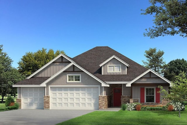 812 Halley Dr, Moore, OK 73160 - craftsman house featuring concrete driveway, a front yard, a shingled roof, a garage, and board and batten siding