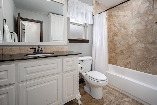 3716 Doningham Dr, Edmond, OK 73034 - full bathroom with toilet, vanity, and shower / bathtub combination with curtain