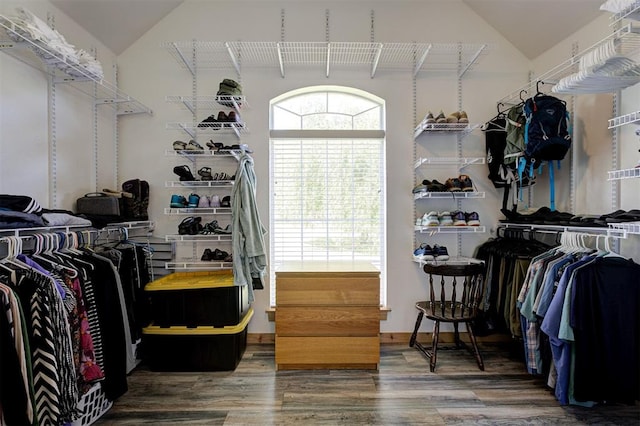 16371 Sandstone Cir, Choctaw, OK 73020 - walk in closet with lofted ceiling and wood finished floors