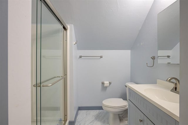 16371 Sandstone Cir, Choctaw, OK 73020 - bathroom with a stall shower, vaulted ceiling, vanity, toilet, and marble finish floors