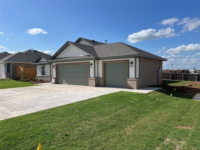 ranch-style house featuring a garage, brick siding, concrete driveway, and roof with shingles