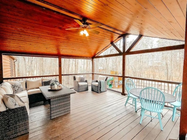 78 Lionfish Rd, Broken Bow, OK 74728 - sunroom featuring outdoor lounge area, a ceiling fan, and vaulted ceiling