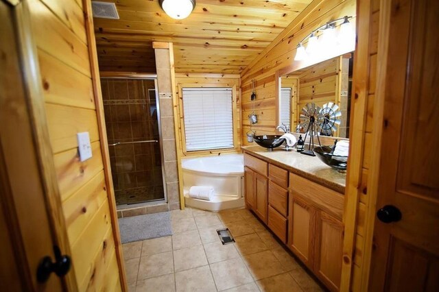 78 Lionfish Rd, Broken Bow, OK 74728 - bathroom featuring wood ceiling, tile patterned floors, a stall shower, a bath, and vanity