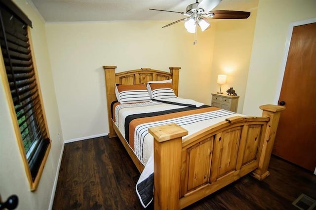 78 Lionfish Rd, Broken Bow, OK 74728 - bedroom featuring dark wood-style floors, ornamental molding, ceiling fan, and baseboards