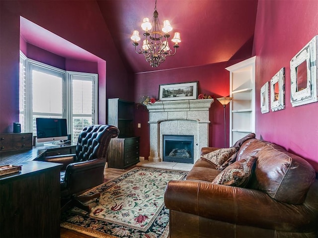 404 Nantucket Blvd, Norman, OK 73071 - living area with a chandelier, lofted ceiling, an office area, and a tile fireplace