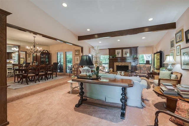 living area featuring a brick fireplace, carpet flooring, a chandelier, beam ceiling, and recessed lighting