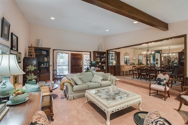 living room with carpet floors, a chandelier, beamed ceiling, and recessed lighting