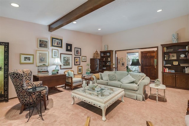 carpeted living room featuring beamed ceiling and recessed lighting