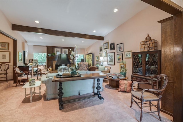 carpeted living room with beamed ceiling, plenty of natural light, and recessed lighting