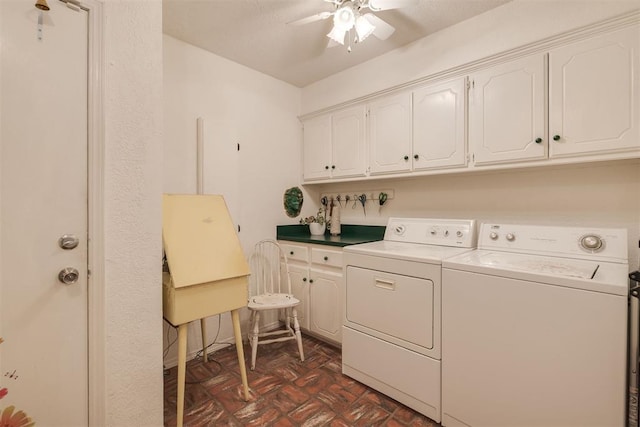 laundry area with cabinet space, independent washer and dryer, and ceiling fan