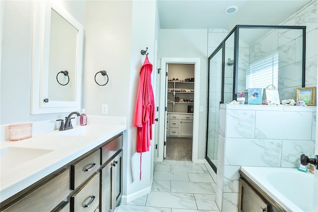 1425 NW 12th St, Newcastle, OK 73065 - full bathroom featuring marble look tiles, a stall shower, a bath, and double vanity