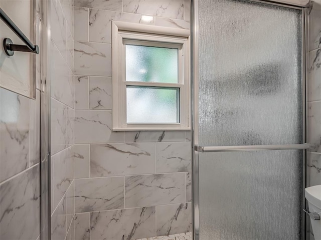 bathroom with a stall shower and toilet