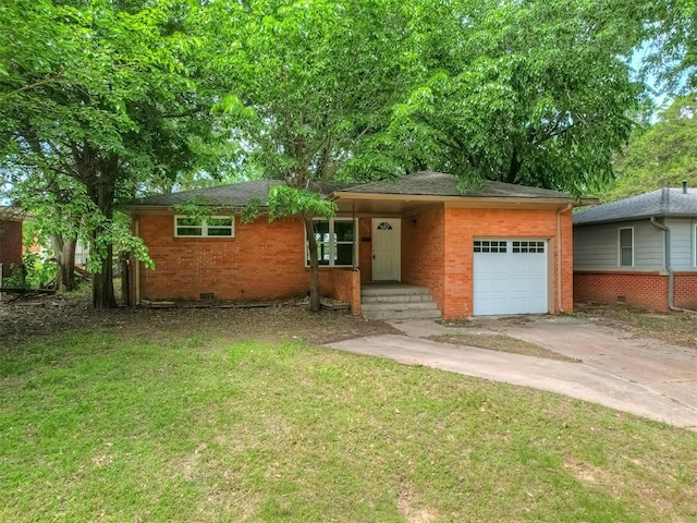 ranch-style home featuring an attached garage, concrete driveway, a front lawn, and brick siding