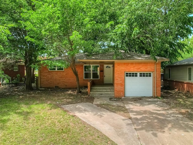 ranch-style house with driveway, an attached garage, and brick siding