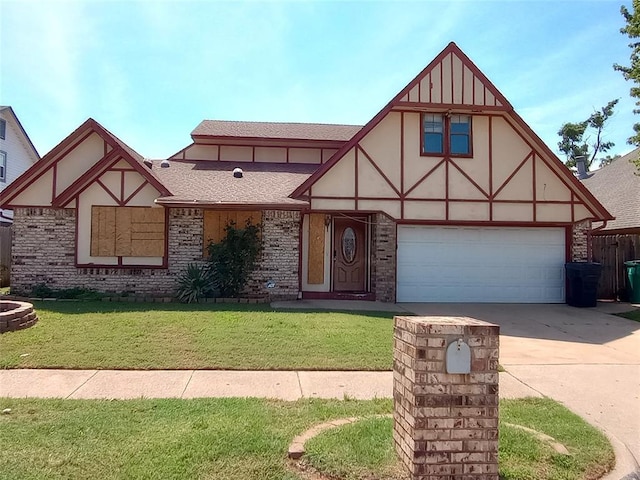 11209 Cimarron Dr, Oklahoma City, OK 73162 - tudor house featuring driveway, a front yard, stucco siding, and roof with shingles