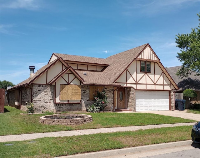 11209 Cimarron Dr, Oklahoma City, OK 73162 - tudor-style house featuring a front lawn, concrete driveway, a shingled roof, and brick siding