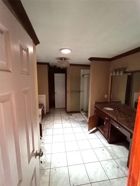11209 Cimarron Dr, Oklahoma City, OK 73162 - bathroom with a stall shower, vanity, and crown molding