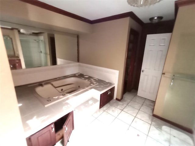 11209 Cimarron Dr, Oklahoma City, OK 73162 - full bathroom with a jetted tub, crown molding, a stall shower, and tile patterned flooring