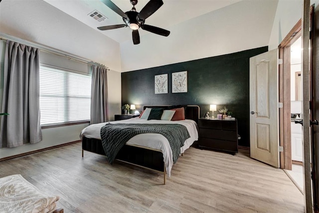 17009 Picasso Dr, Oklahoma City, OK 73170 - bedroom featuring light wood-style floors, high vaulted ceiling, baseboards, and ceiling fan