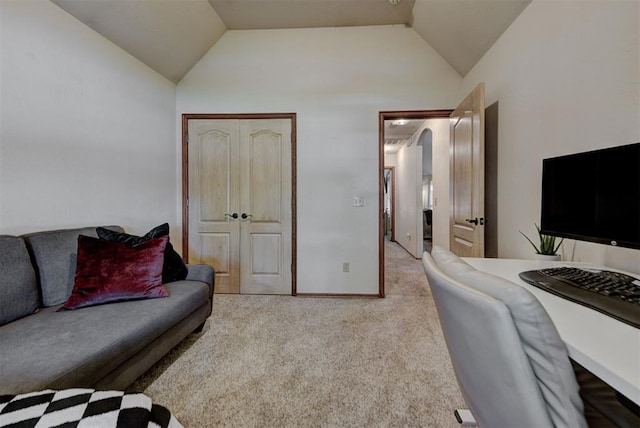 17009 Picasso Dr, Oklahoma City, OK 73170 - home office with lofted ceiling, carpet, and baseboards