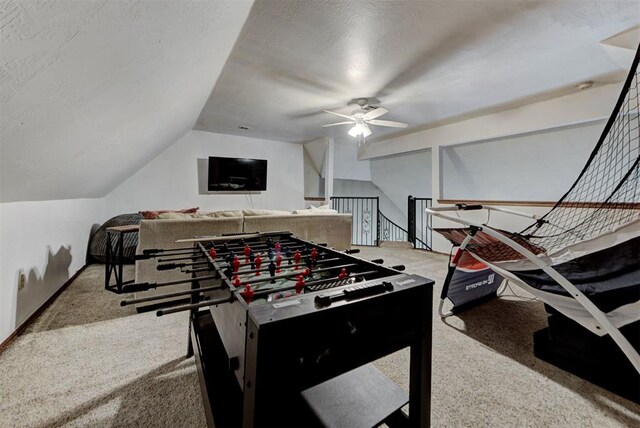 17009 Picasso Dr, Oklahoma City, OK 73170 - recreation room with carpet, a ceiling fan, and lofted ceiling