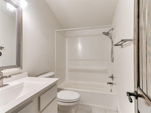 full bath featuring toilet, shower / tub combination, vanity, tile patterned floors, and vaulted ceiling