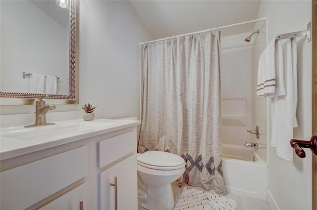 full bath featuring toilet, shower / bath combo, vanity, vaulted ceiling, and tile patterned flooring