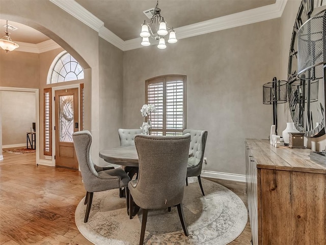 12515 Forest Oaks Dr, Choctaw, OK 73020 - dining room with arched walkways, plenty of natural light, wood finished floors, and crown molding