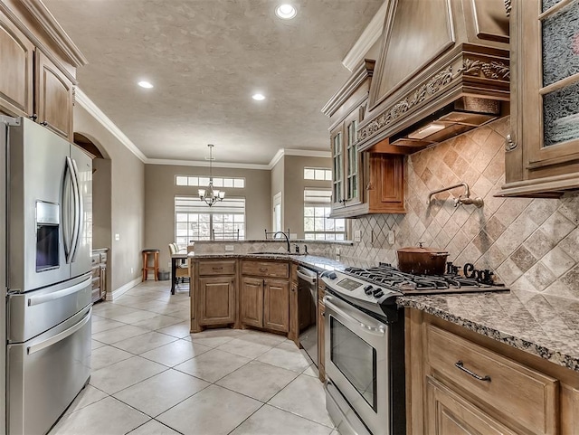 12515 Forest Oaks Dr, Choctaw, OK 73020 - kitchen with stainless steel appliances, tasteful backsplash, a sink, custom exhaust hood, and glass insert cabinets