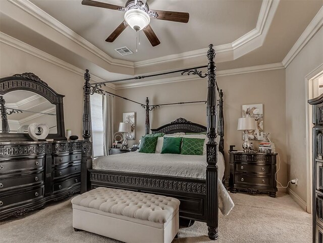 12515 Forest Oaks Dr, Choctaw, OK 73020 - bedroom featuring carpet floors, crown molding, a raised ceiling, and ceiling fan