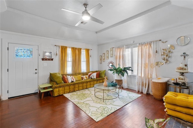 2017 NE 20th St, Oklahoma City, OK 73111 - living room with a ceiling fan, wood finished floors, vaulted ceiling, and crown molding