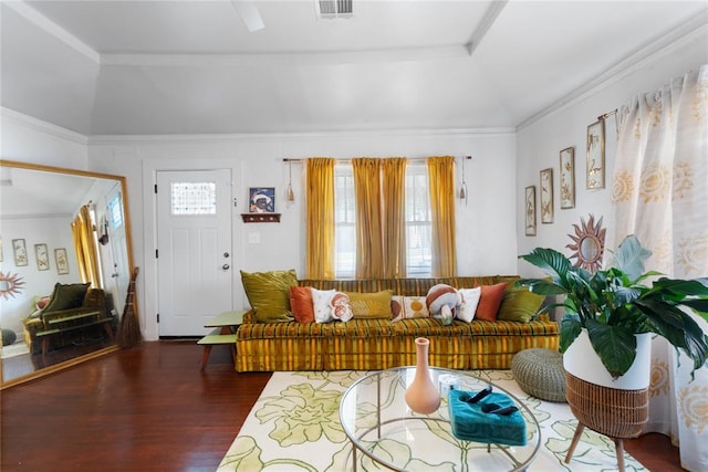 2017 NE 20th St, Oklahoma City, OK 73111 - living area featuring wood finished floors, ornamental molding, and vaulted ceiling