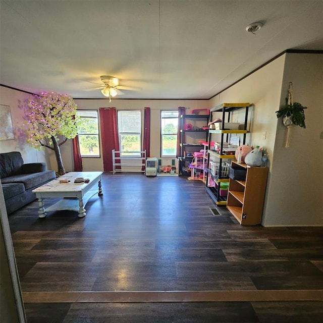 living room with wood finished floors, plenty of natural light, and ceiling fan