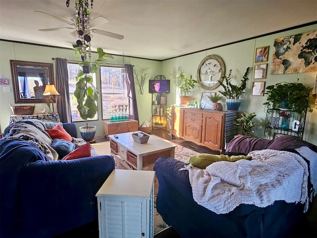 living room featuring a ceiling fan and crown molding