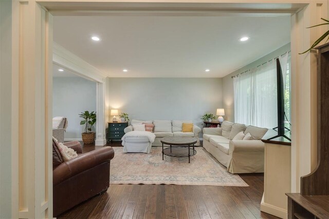 11412 Leaning Elm Rd, Oklahoma City, OK 73120 - living room featuring dark wood finished floors and recessed lighting