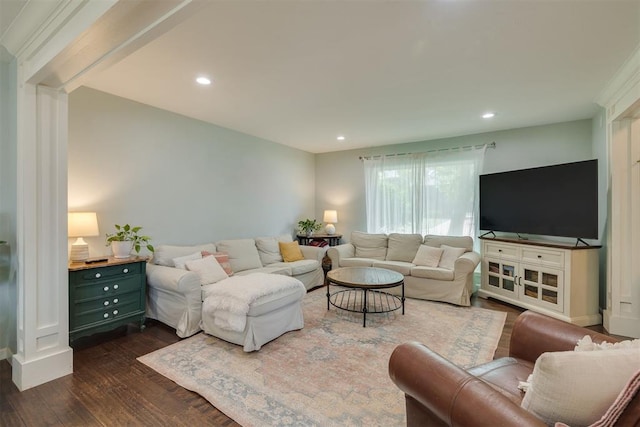 11412 Leaning Elm Rd, Oklahoma City, OK 73120 - living room with dark wood-style flooring and recessed lighting