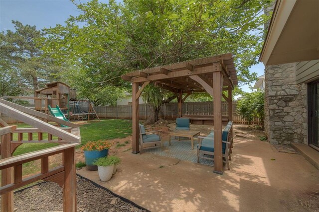 11412 Leaning Elm Rd, Oklahoma City, OK 73120 - view of patio / terrace featuring a playground and a pergola