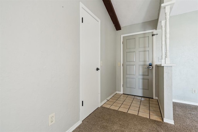 1500 S Railroad, Marlow, OK 73055 - foyer with light colored carpet, beamed ceiling, and baseboards