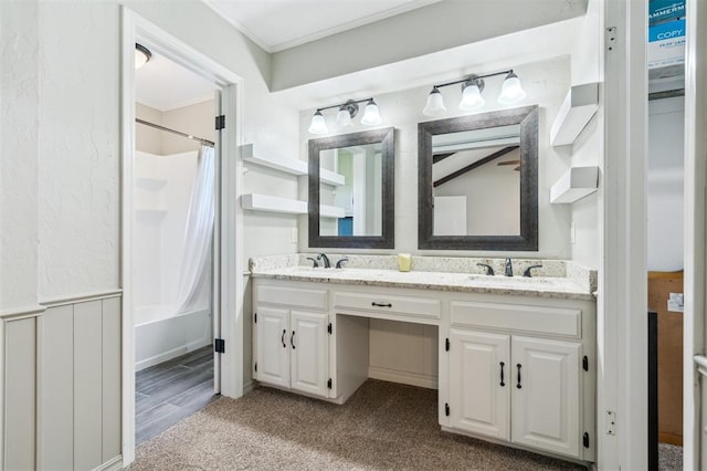1500 S Railroad, Marlow, OK 73055 - bathroom with double vanity, ornamental molding, and shower / bathtub combination with curtain