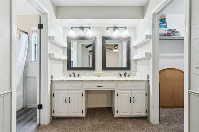 1500 S Railroad, Marlow, OK 73055 - full bath with a ceiling fan, double vanity, and curtained shower