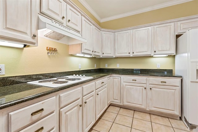 kitchen featuring white appliances, under cabinet range hood, ornamental molding, and light tile patterned floors
