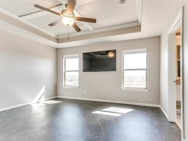 2408 Santa Monica St, Edmond, OK 73034 - unfurnished room featuring a tray ceiling, ornamental molding, baseboards, a ceiling fan, and a smoke detector